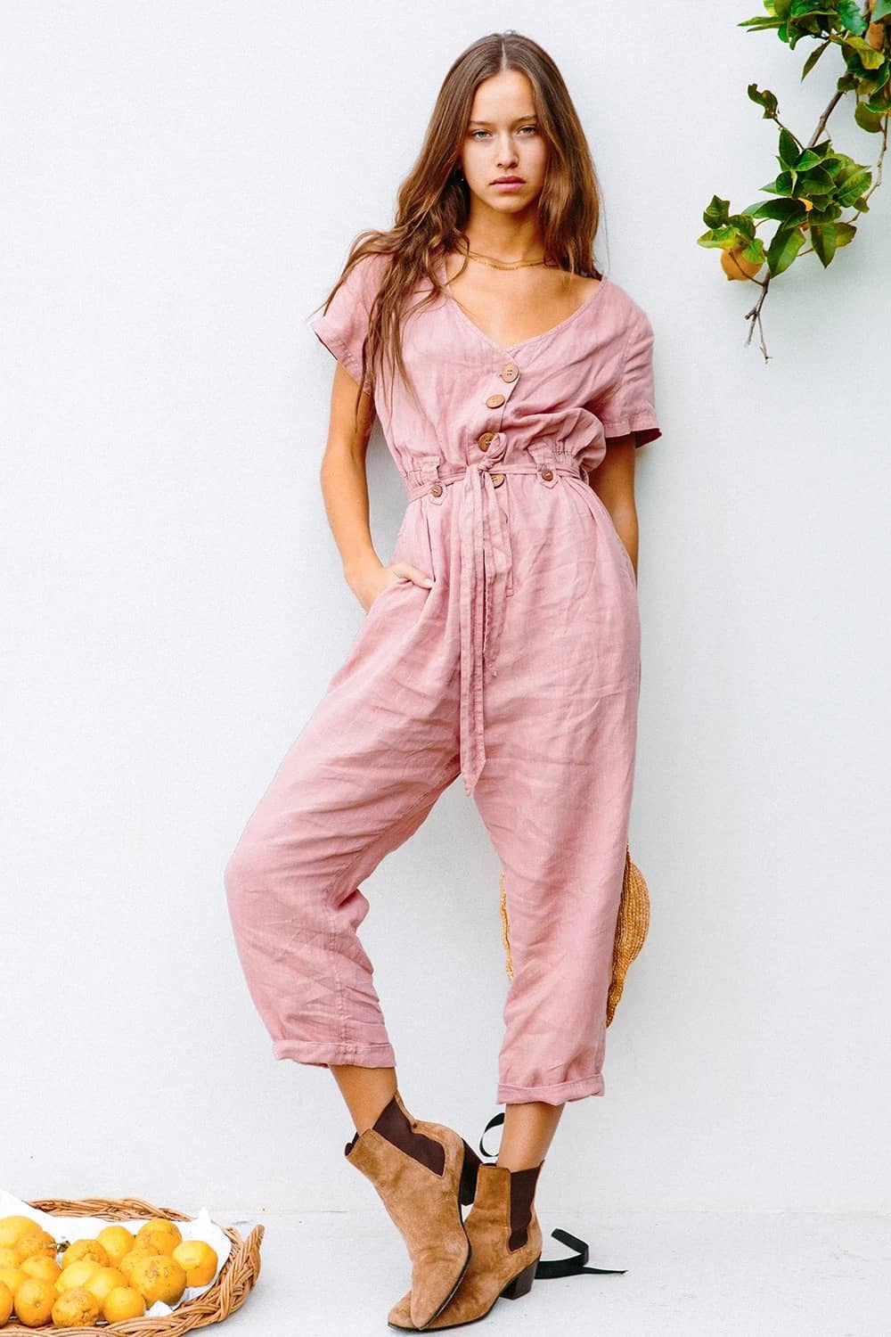 Single-breasted all-match cropped jumpsuit Pink / S | IFAUN