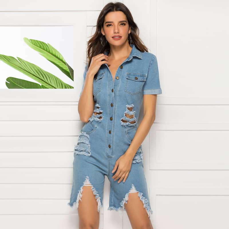 Sexy slim ripped denim jumpsuit L | IFAUN