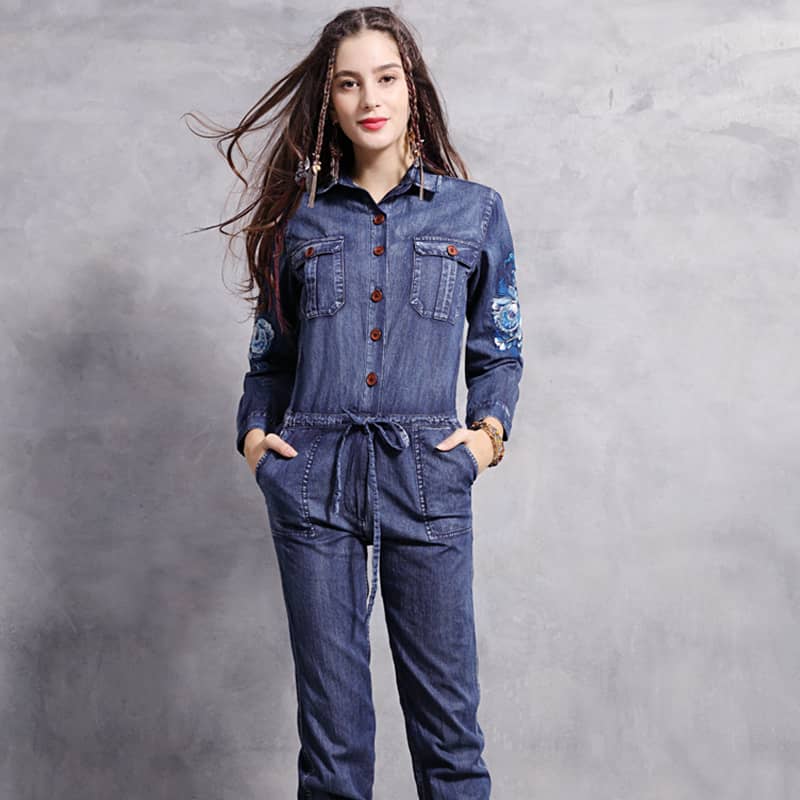 Embroidered denim high waist jumpsuit for women  | IFAUN