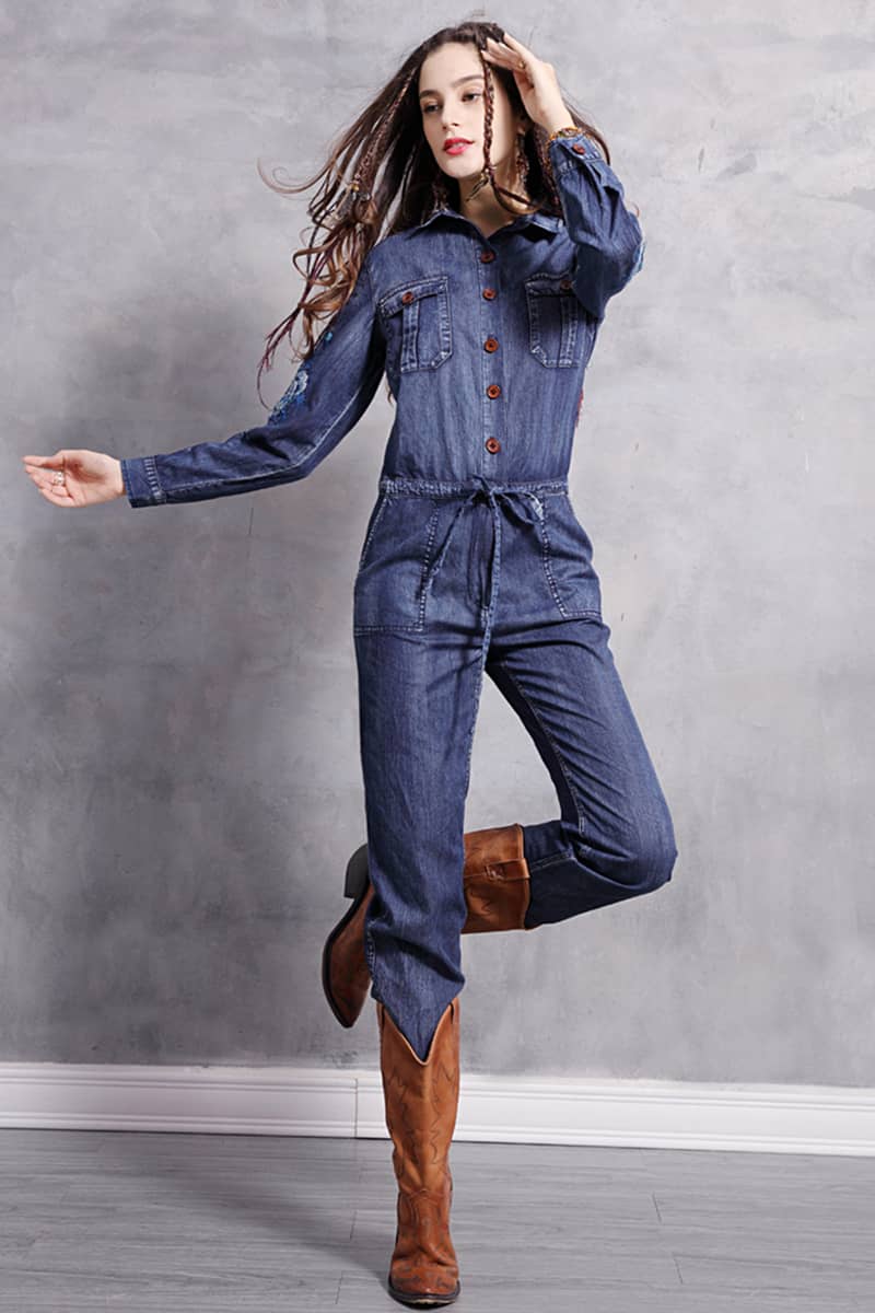 Embroidered denim high waist jumpsuit for women M | IFAUN