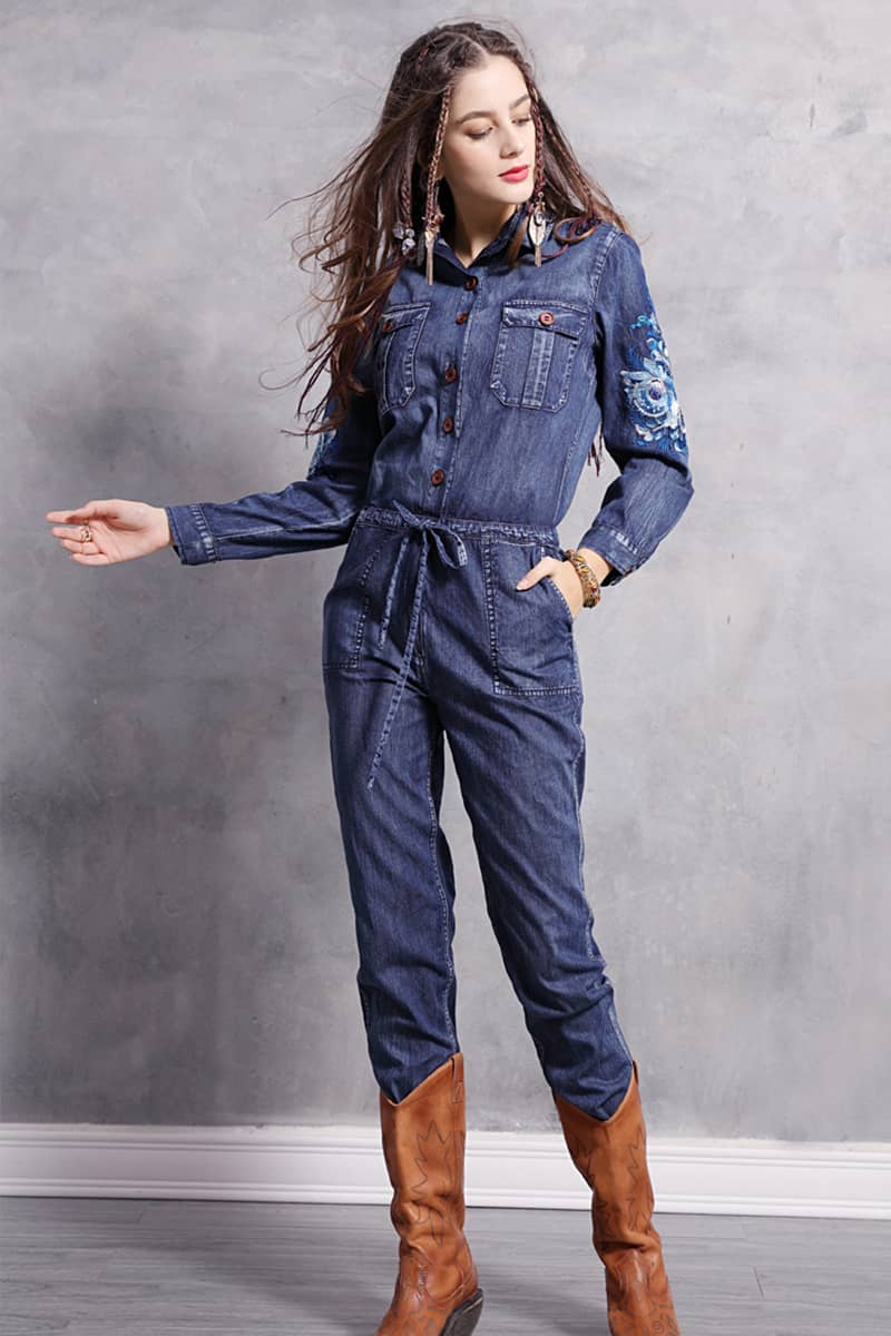 Embroidered denim high waist jumpsuit for women  | IFAUN