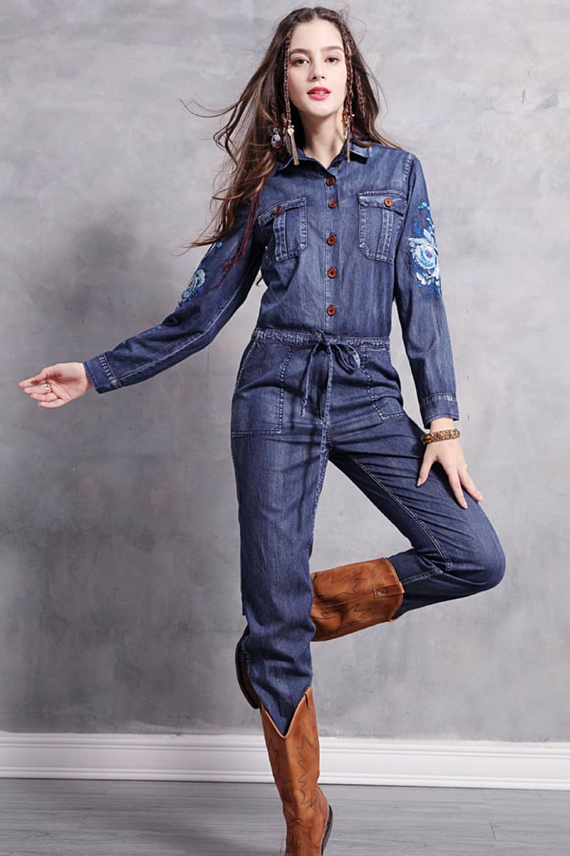 Embroidered denim high waist jumpsuit for women  | IFAUN