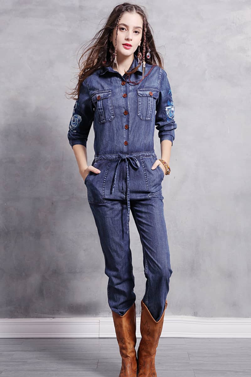 Embroidered denim high waist jumpsuit for women L | IFAUN