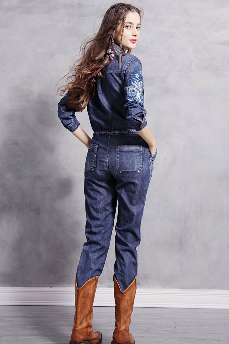 Embroidered denim high waist jumpsuit for women XL | IFAUN