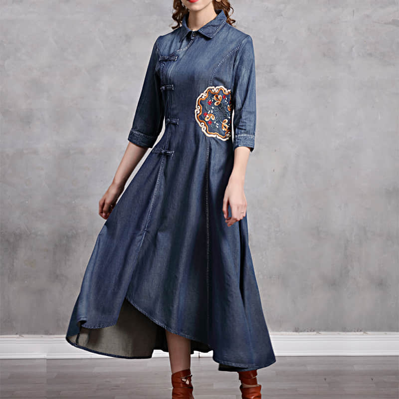 Woman's Spring retro embroidery slim dress L | IFAUN
