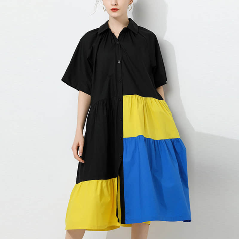 Fashion Contrast stitching shirt dress Black / 4XL | IFAUN