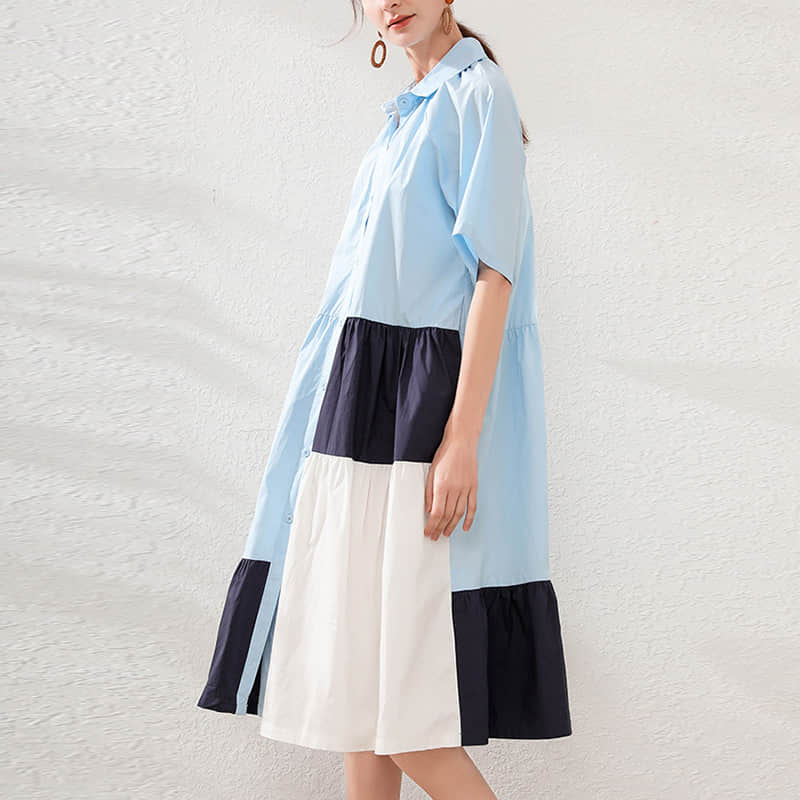 Fashion Contrast stitching shirt dress LightBlue / 4XL | IFAUN