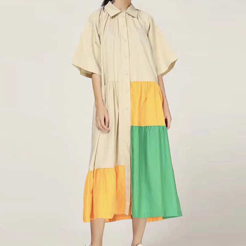 Fashion Contrast stitching shirt dress Cornsilk / 4XL | IFAUN