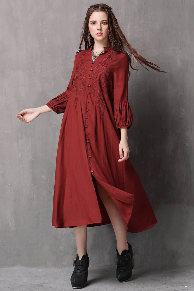 Loose cotton and linen dress Red / L | IFAUN