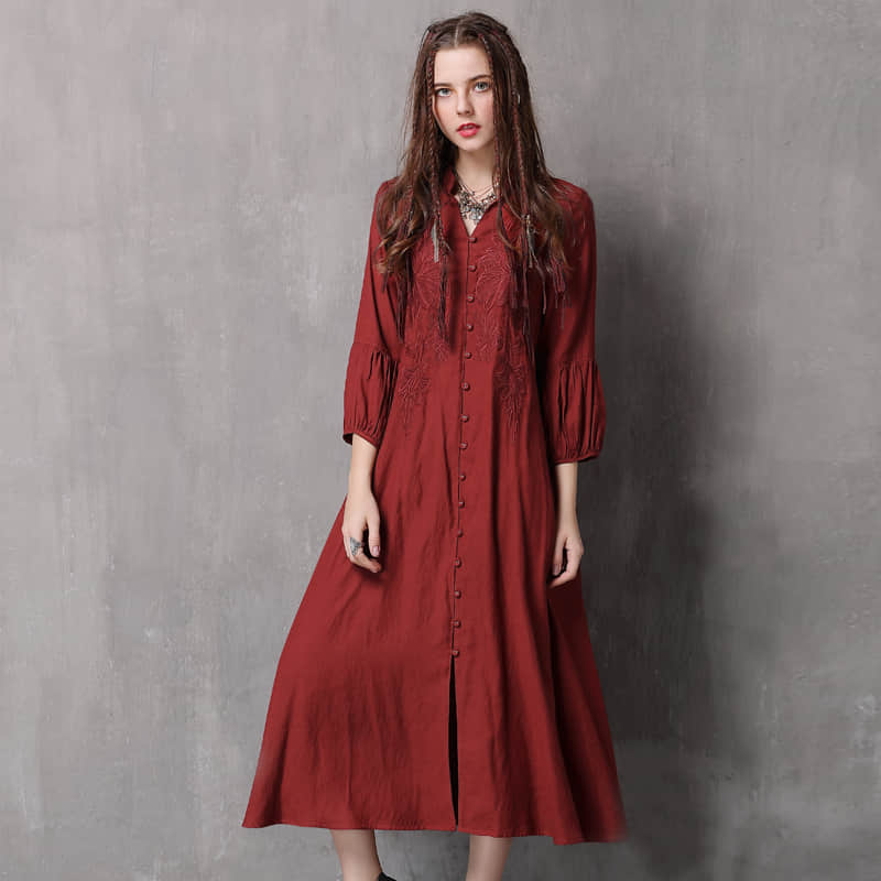 Loose cotton and linen dress Red / M | IFAUN