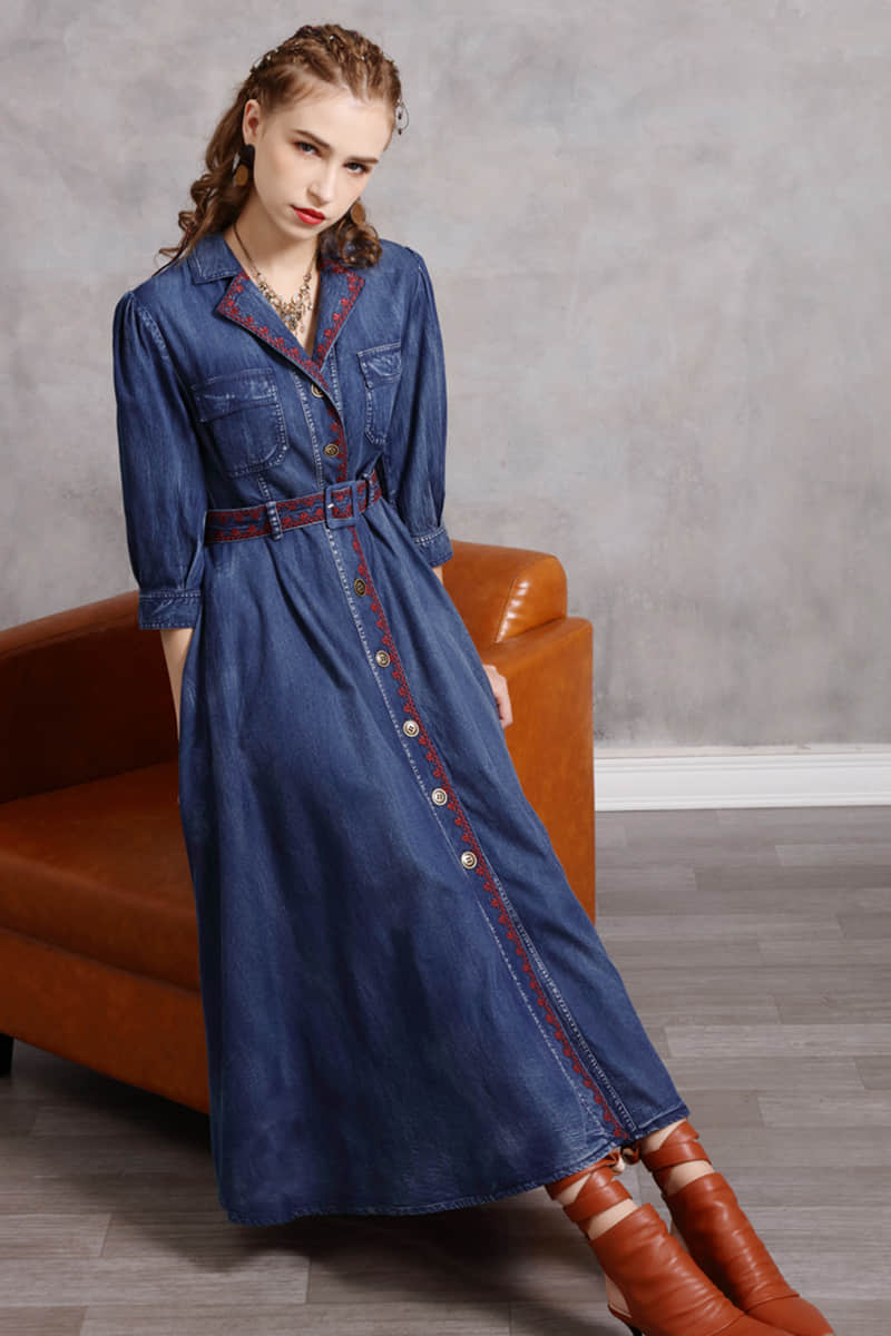 Mid-length belted Denim dress XL | IFAUN
