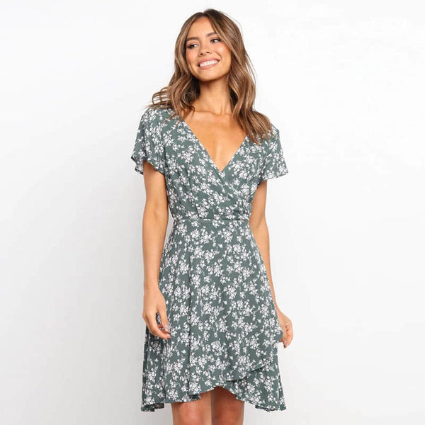 Printed pullover V-neck large swing dress S | IFAUN