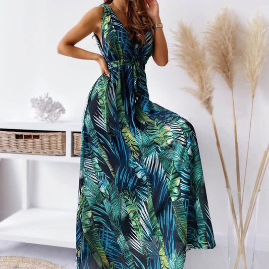 Women's summer print tie dress Green / S | IFAUN