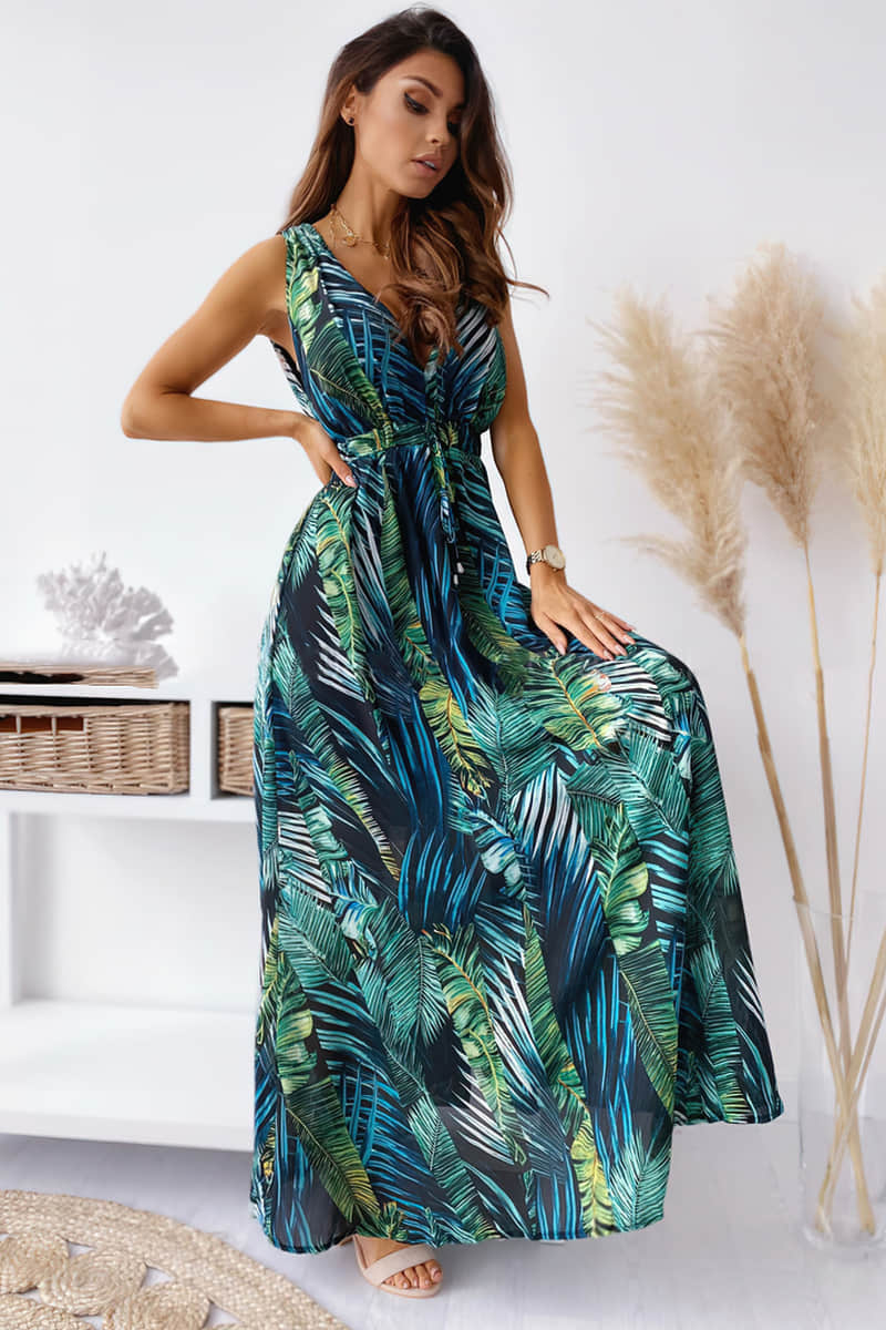 Women's summer print tie dress Green / L | IFAUN