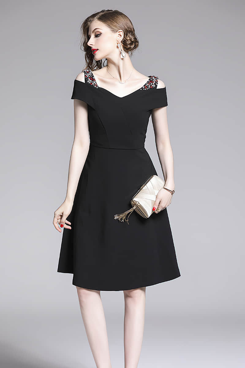 Off-the-shoulder A-line dinner dress Black / 2XL | IFAUN