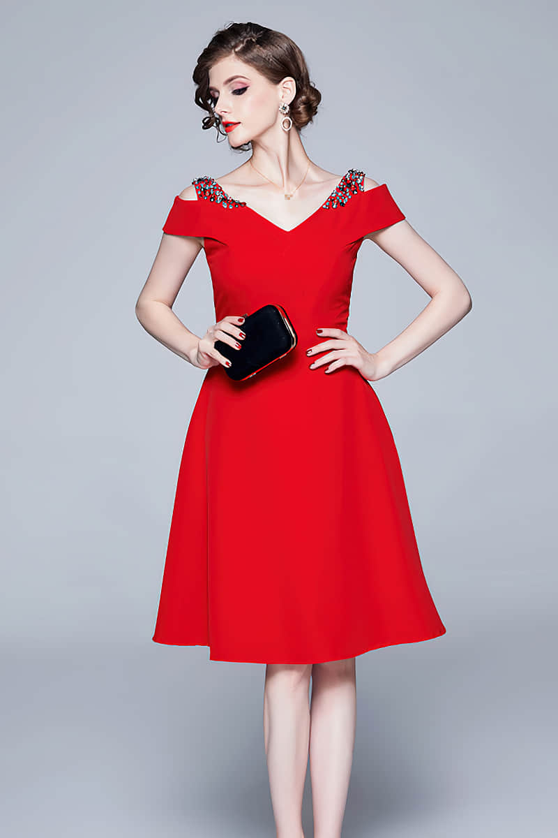 Off-the-shoulder A-line dinner dress Red / L | IFAUN