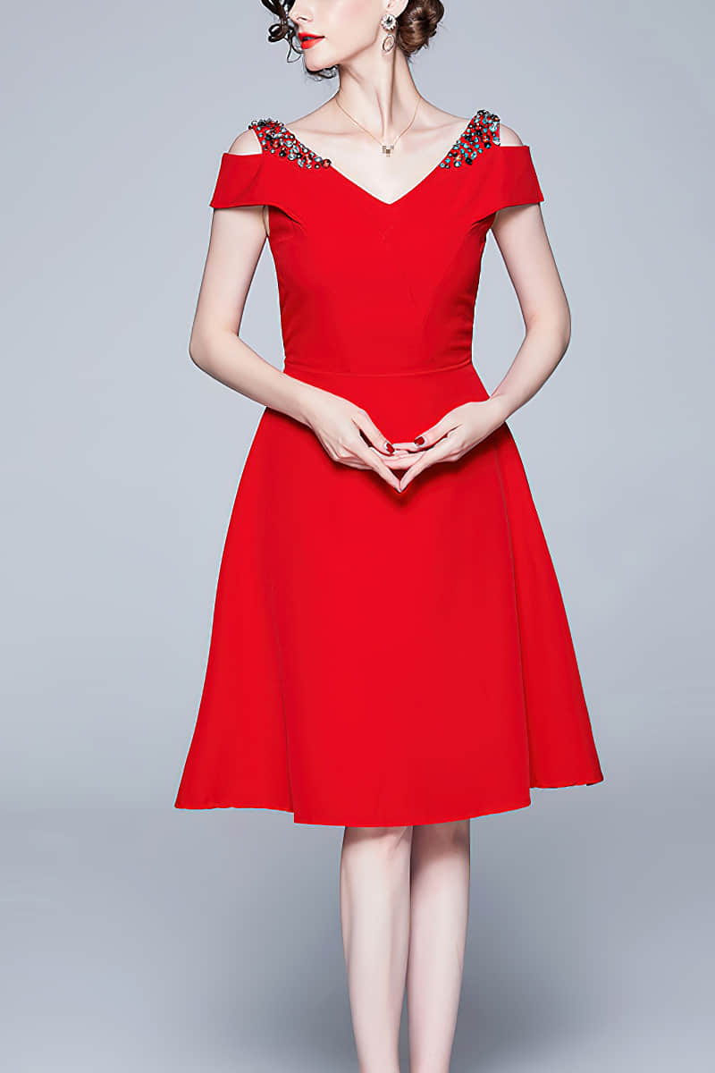 Off-the-shoulder A-line dinner dress Red / XL | IFAUN