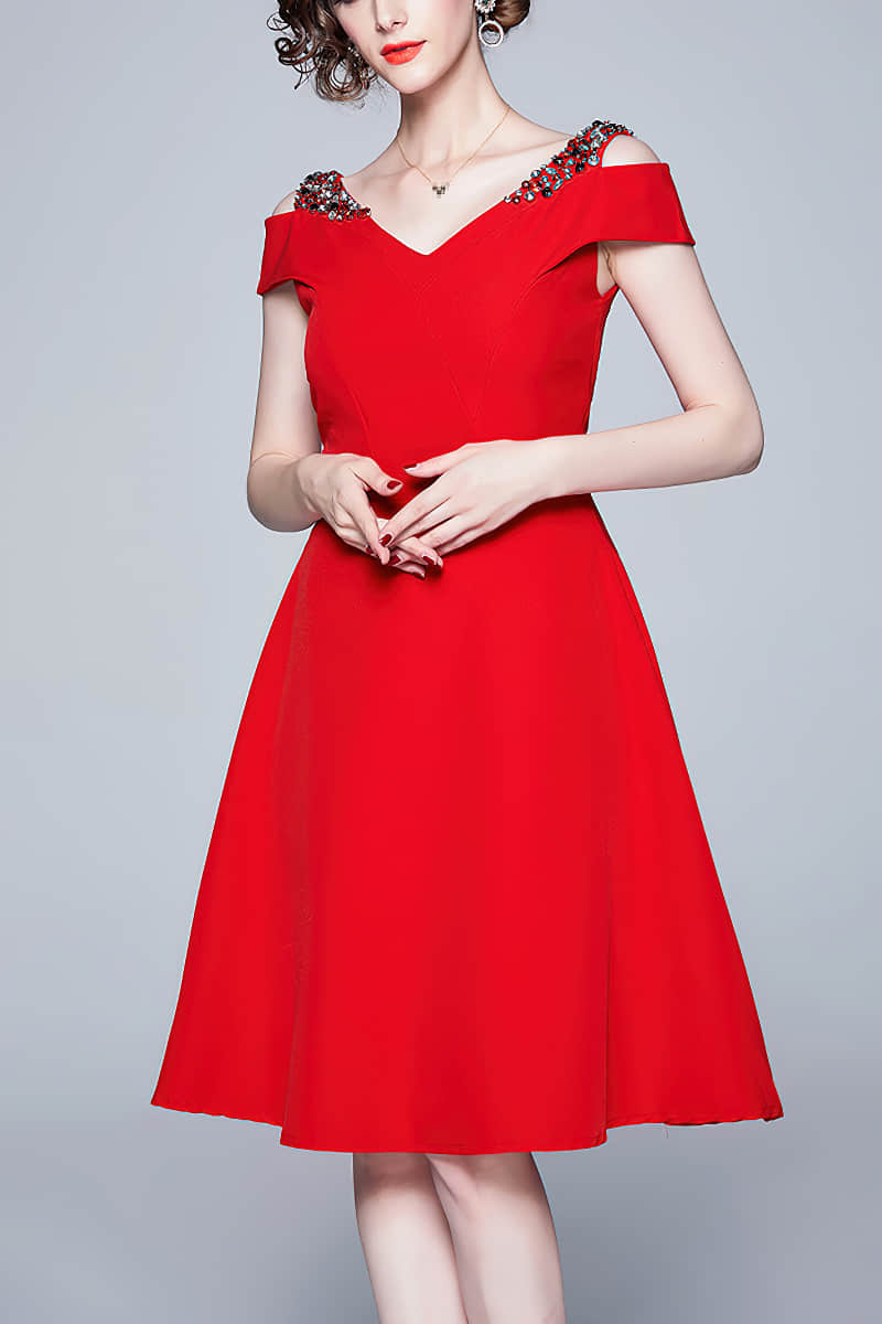 Off-the-shoulder A-line dinner dress Red / 2XL | IFAUN