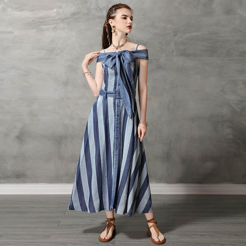 One-line neck camisole big swing skirt denim striped dress  | IFAUN