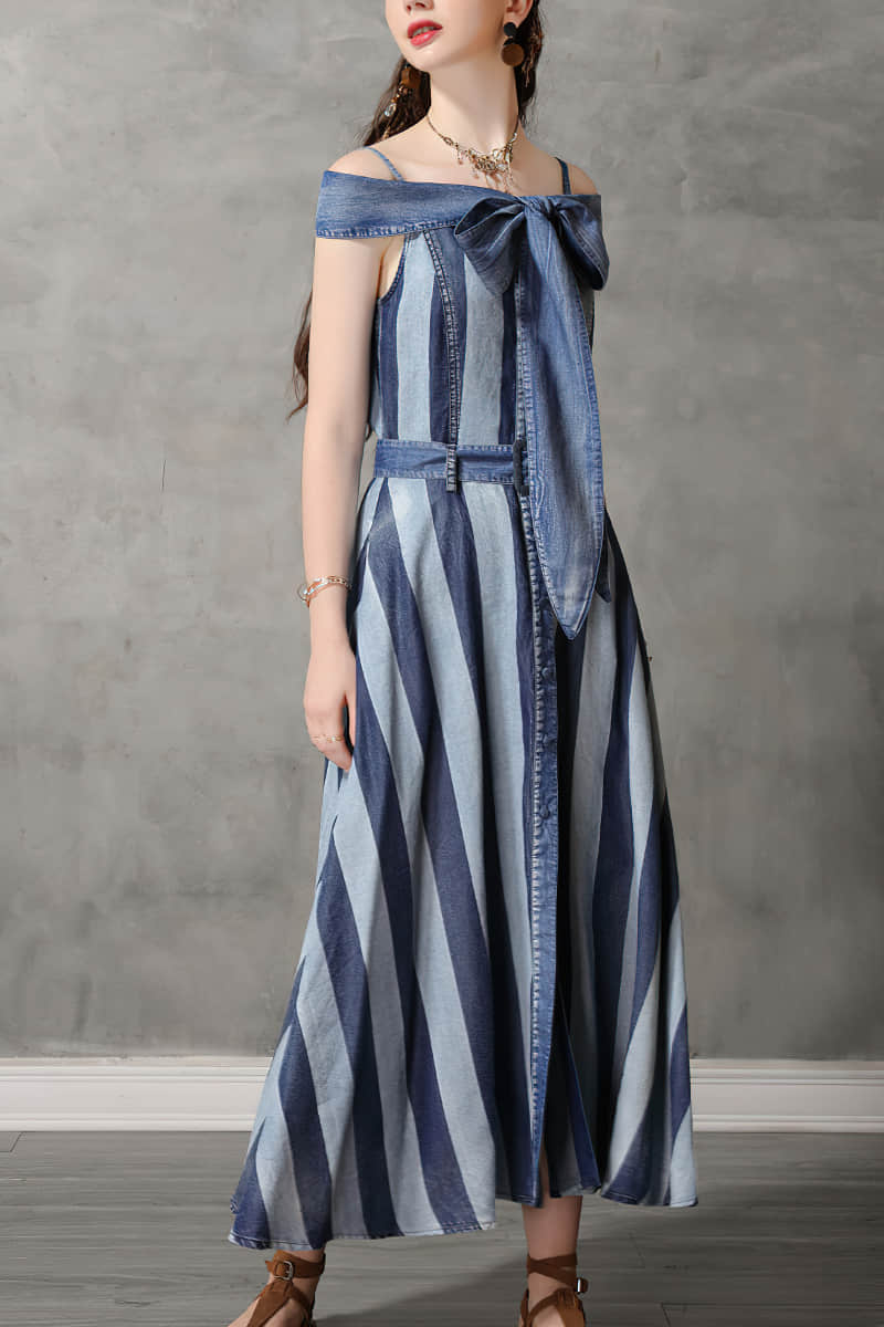 One-line neck camisole big swing skirt denim striped dress L | IFAUN