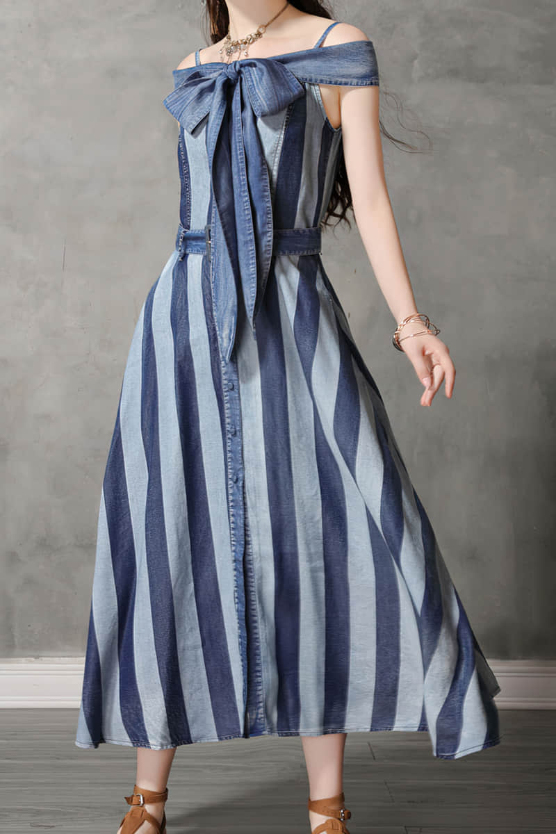 One-line neck camisole big swing skirt denim striped dress  | IFAUN