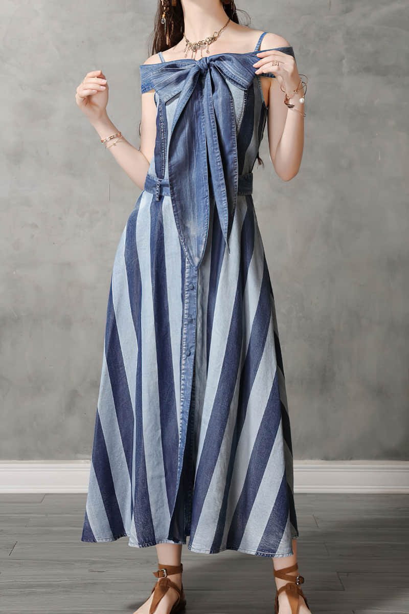 One-line neck camisole big swing skirt denim striped dress  | IFAUN