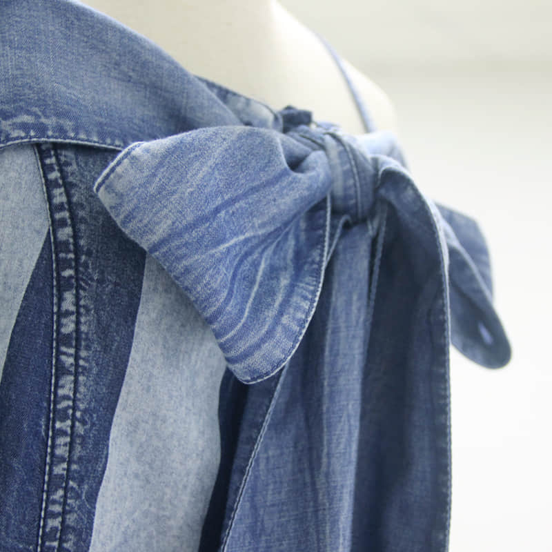 One-line neck camisole big swing skirt denim striped dress  | IFAUN