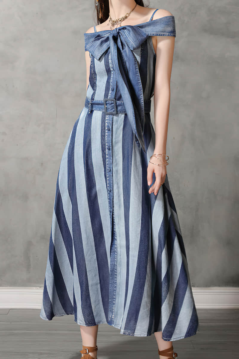 One-line neck camisole big swing skirt denim striped dress S | IFAUN