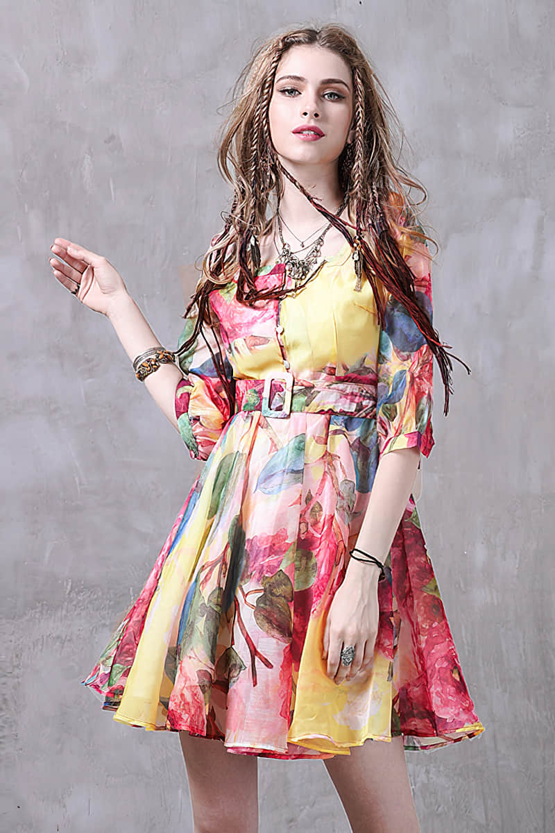 Puff sleeve print dress M | IFAUN