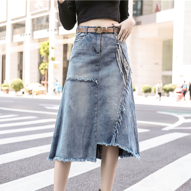 Mid-length irregular A-line skirt with raw edges 2XL | IFAUN