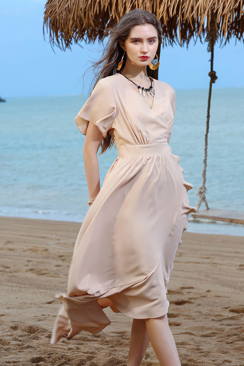 V-neck tie waist ruffle dress Wheat / L | IFAUN