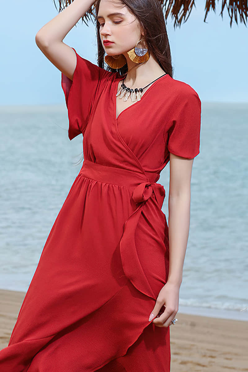 V-neck tie waist ruffle dress Red / L | IFAUN