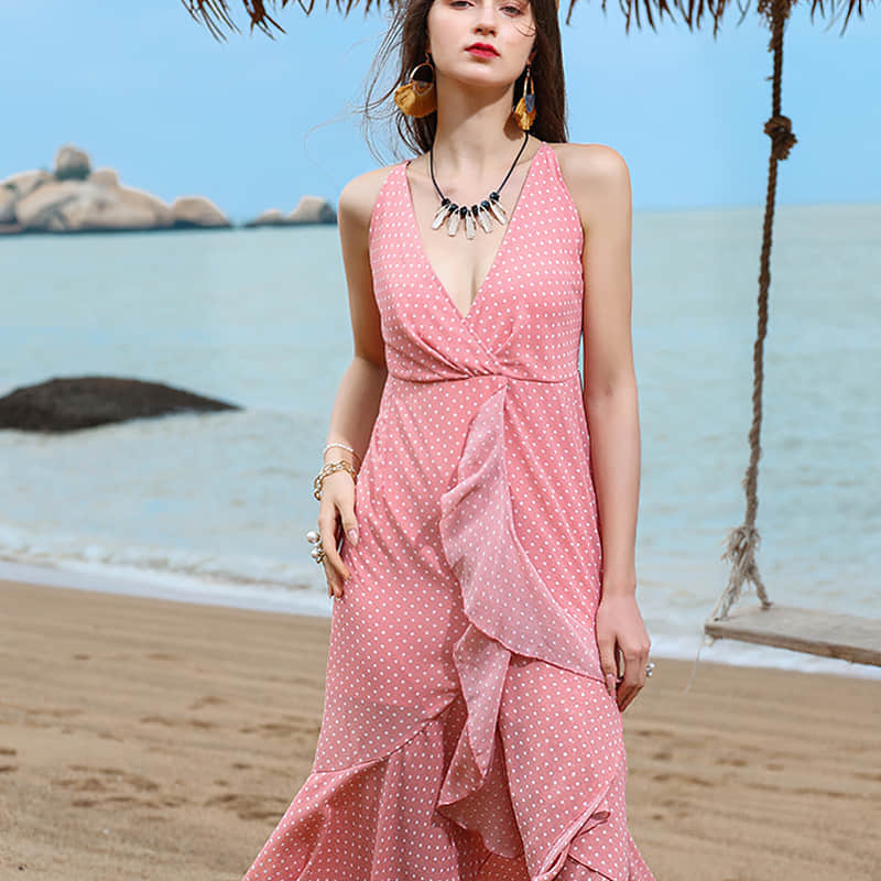 Pure Color Polka Dot V-Neck Sling Beach Dress Pink / M | IFAUN