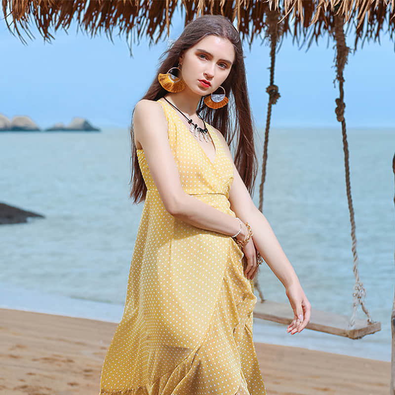 Pure Color Polka Dot V-Neck Sling Beach Dress  | IFAUN
