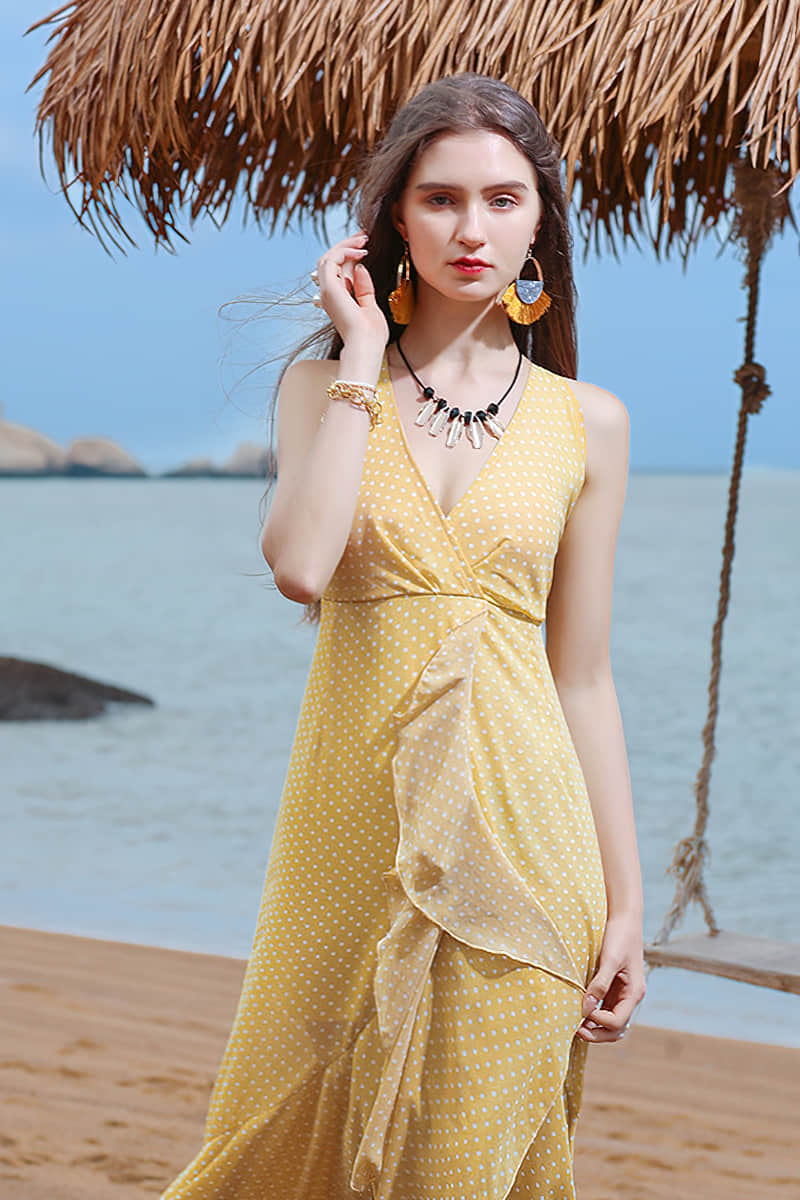Pure Color Polka Dot V-Neck Sling Beach Dress Yellow / L | IFAUN