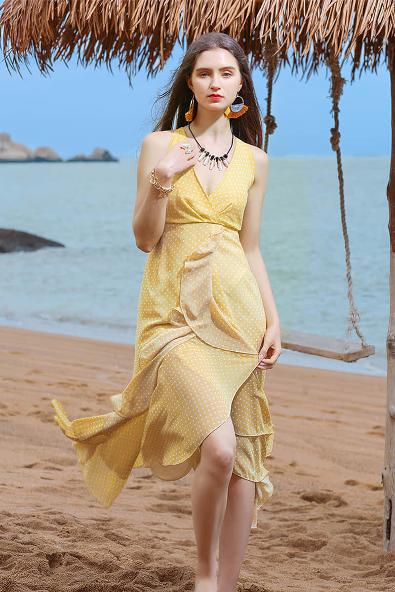 Pure Color Polka Dot V-Neck Sling Beach Dress Yellow / M | IFAUN