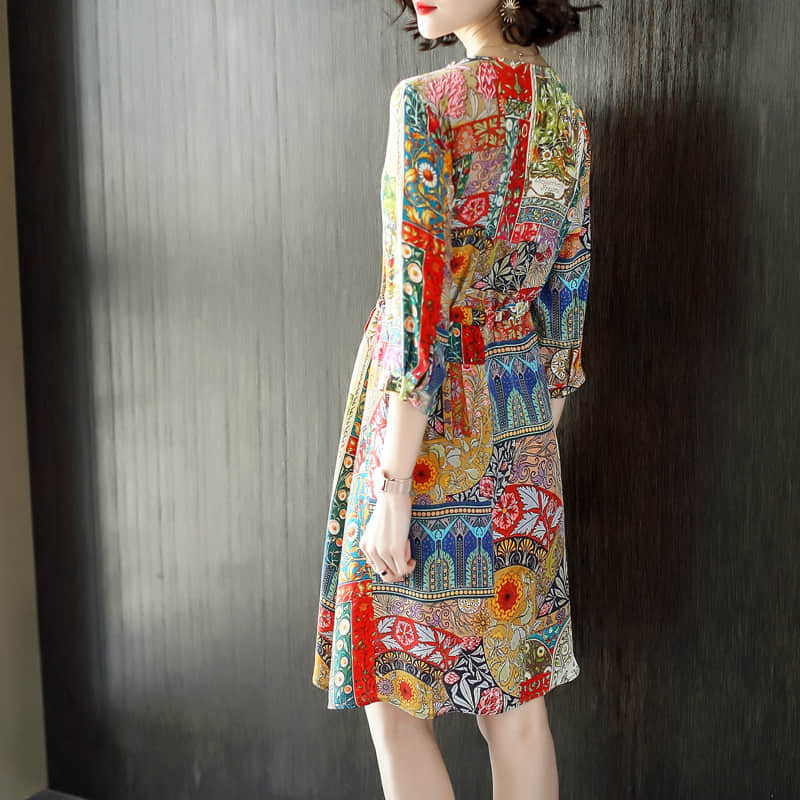 V-neck silk print dress  | IFAUN
