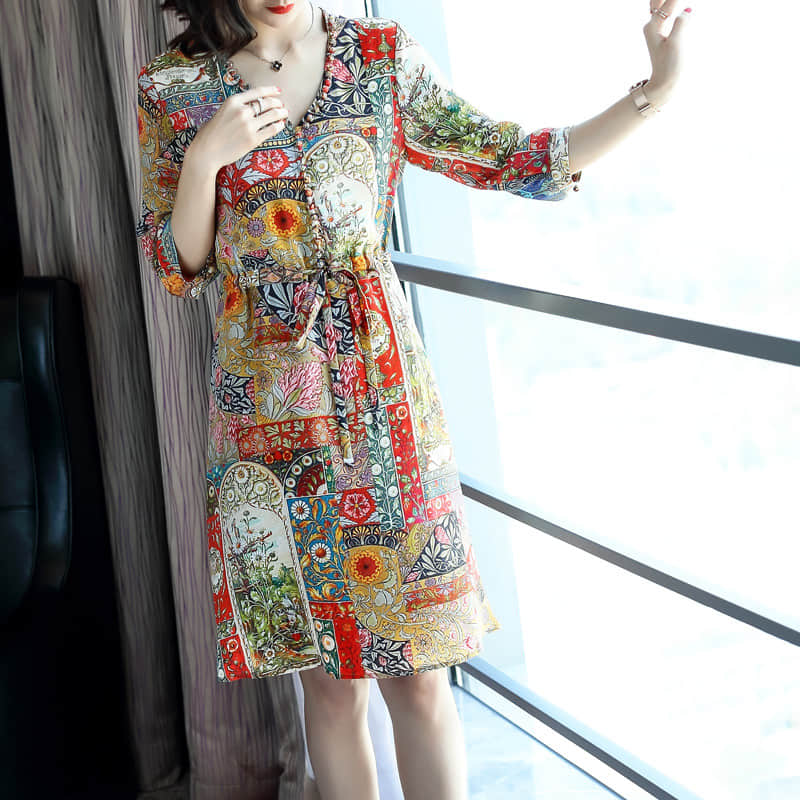 V-neck silk print dress 2XL | IFAUN