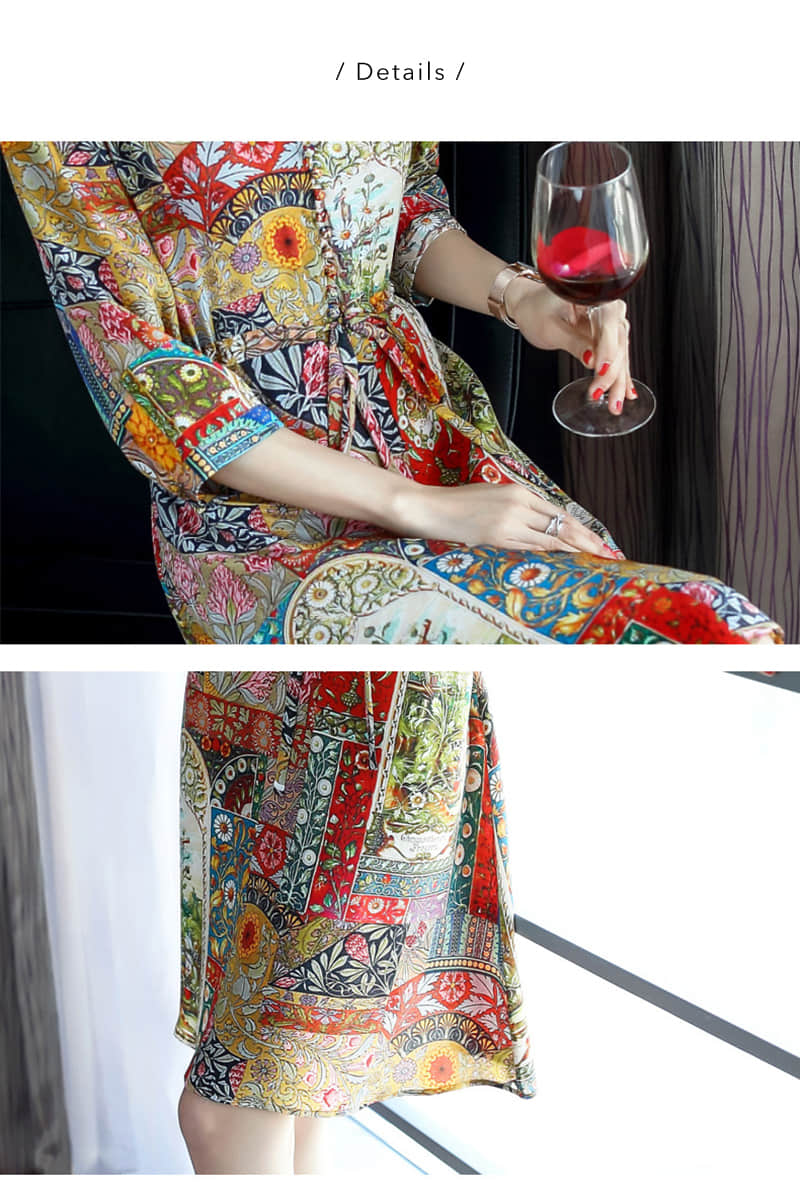 V-neck silk print dress  | IFAUN