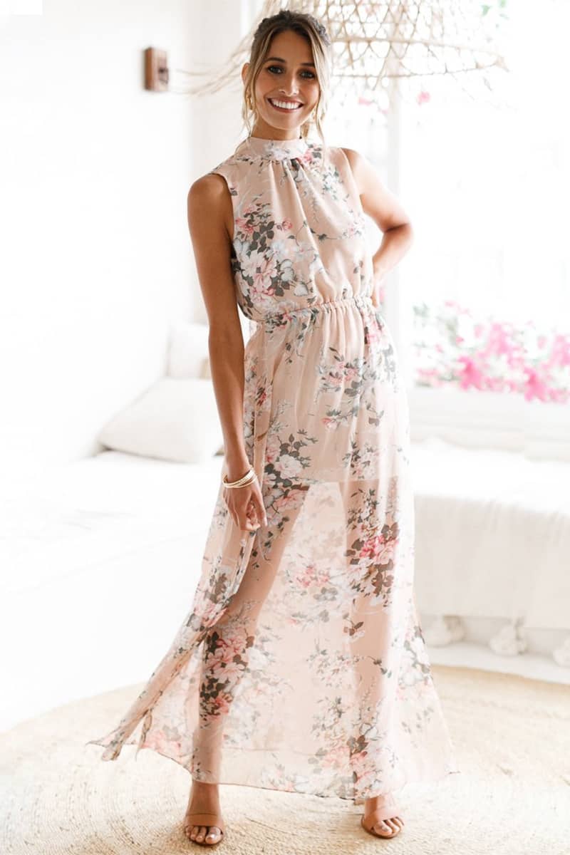 Long printed sleeveless dress with slits M | IFAUN