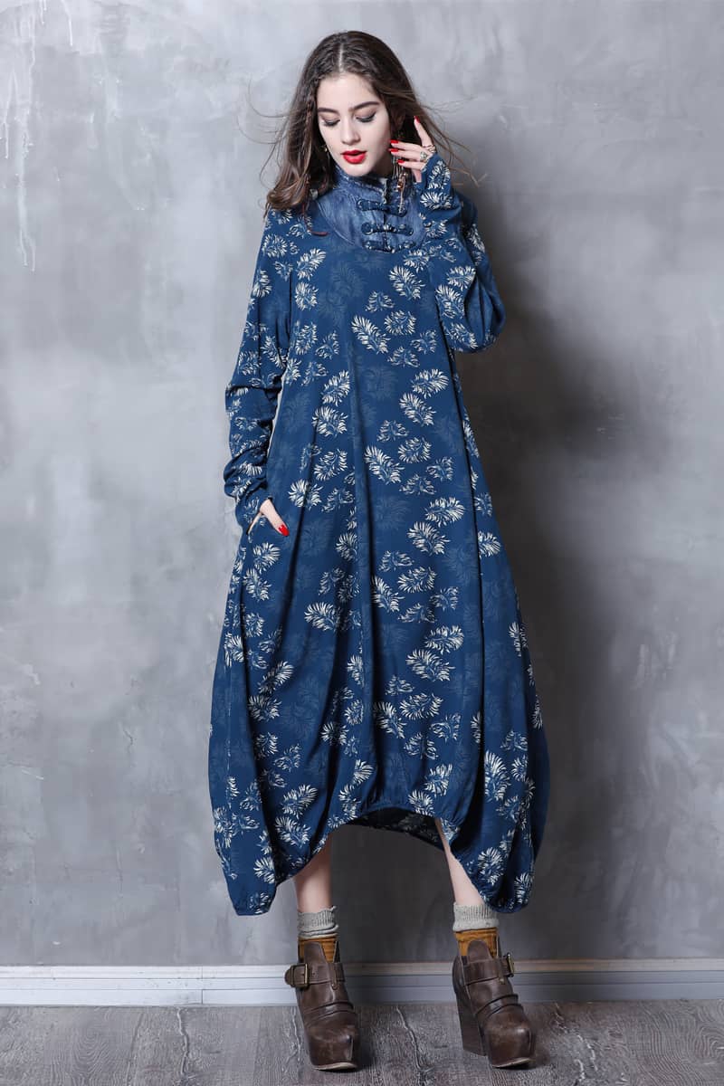 Stand-up collar printed dress  | IFAUN