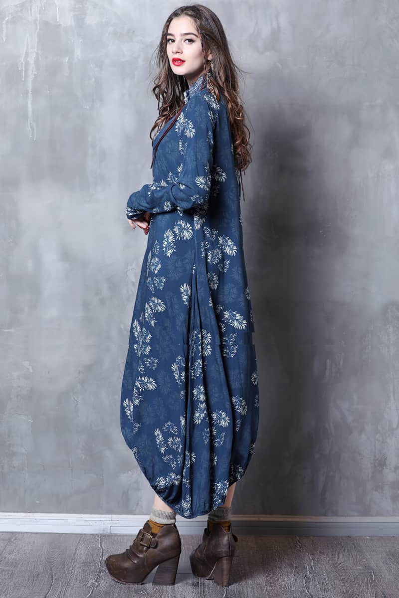 Stand-up collar printed dress  | IFAUN