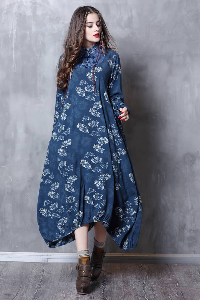 Stand-up collar printed dress  | IFAUN