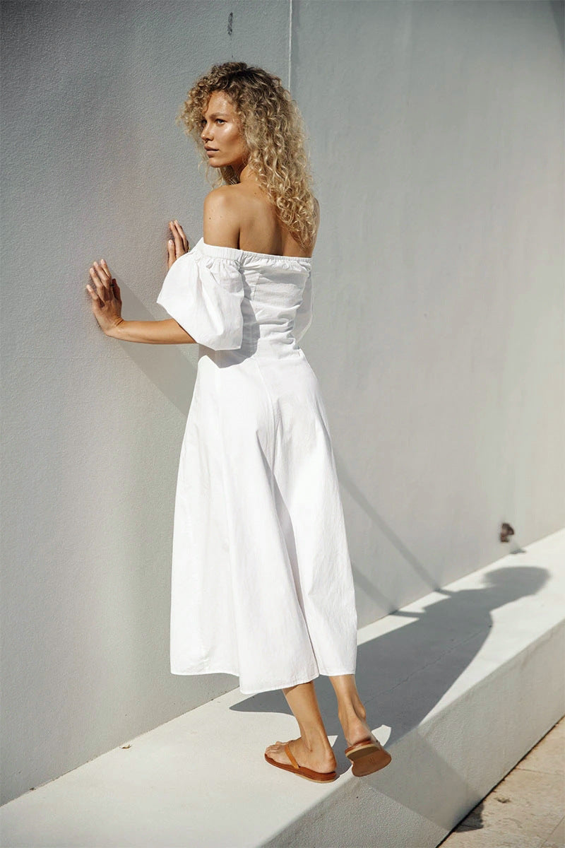 White one-shoulder lantern sleeve off-the-shoulder dress M | IFAUN