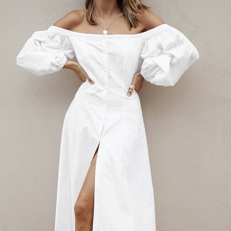 White one-shoulder lantern sleeve off-the-shoulder dress  | IFAUN