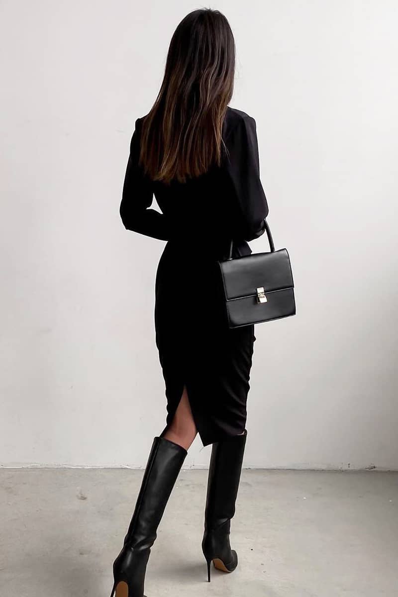 Women's round neck waist long sleeve dress Black / L | IFAUN
