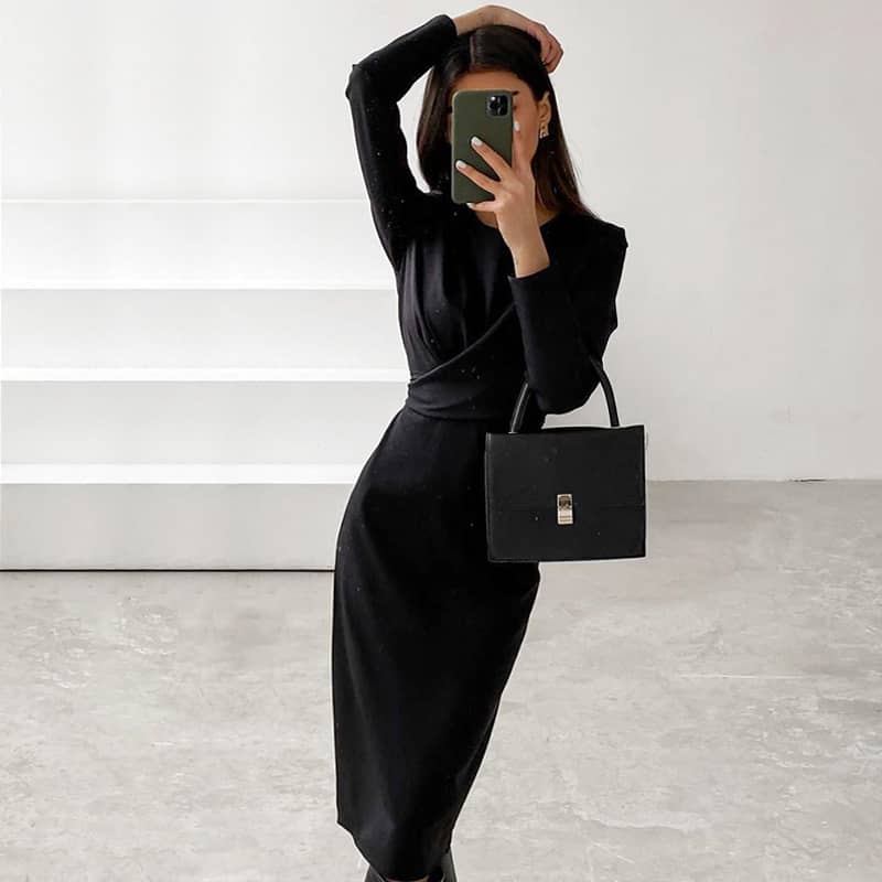 Women's round neck waist long sleeve dress Black / S | IFAUN