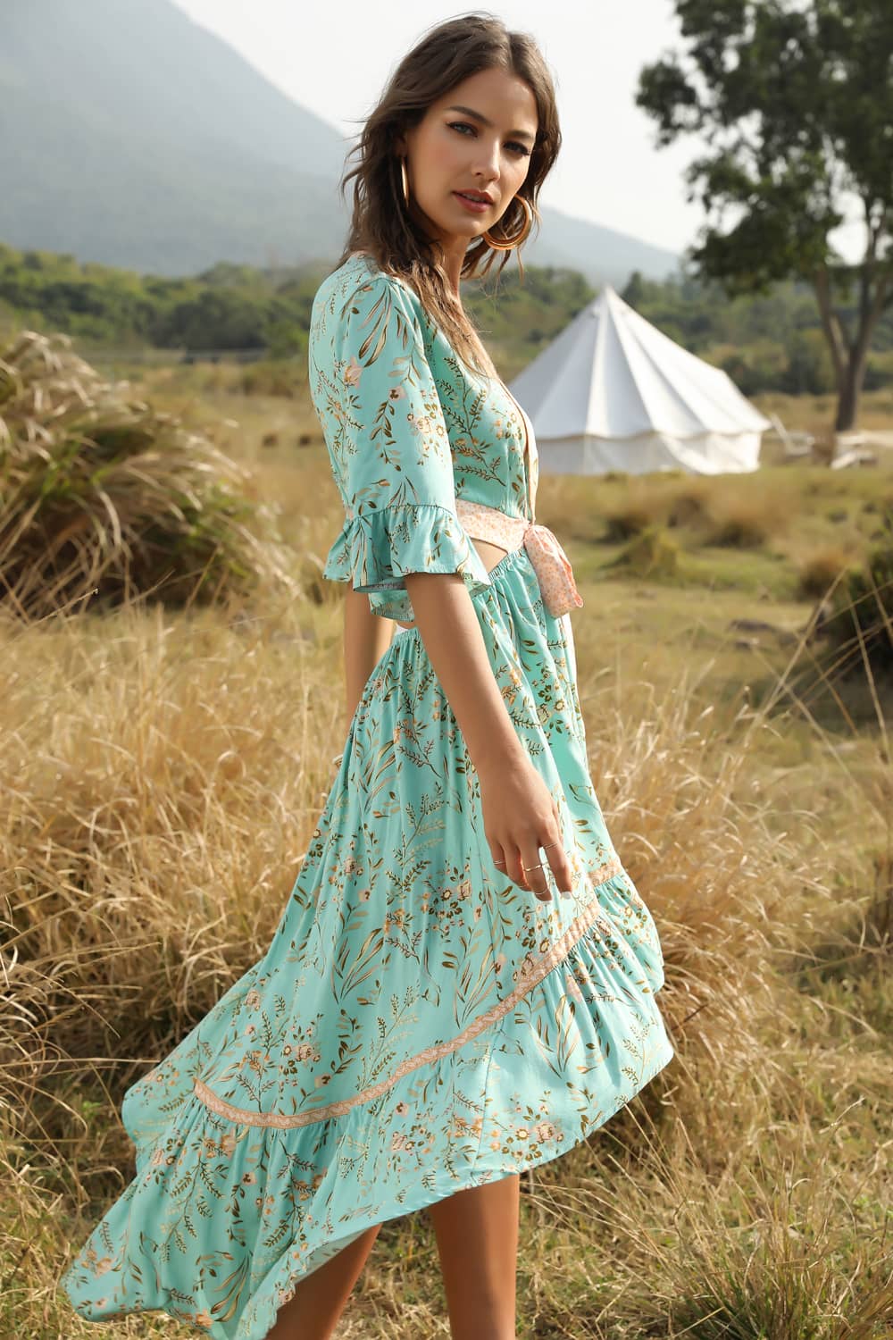 Bohemian Deep V Neck Tie Dress Green / M | IFAUN