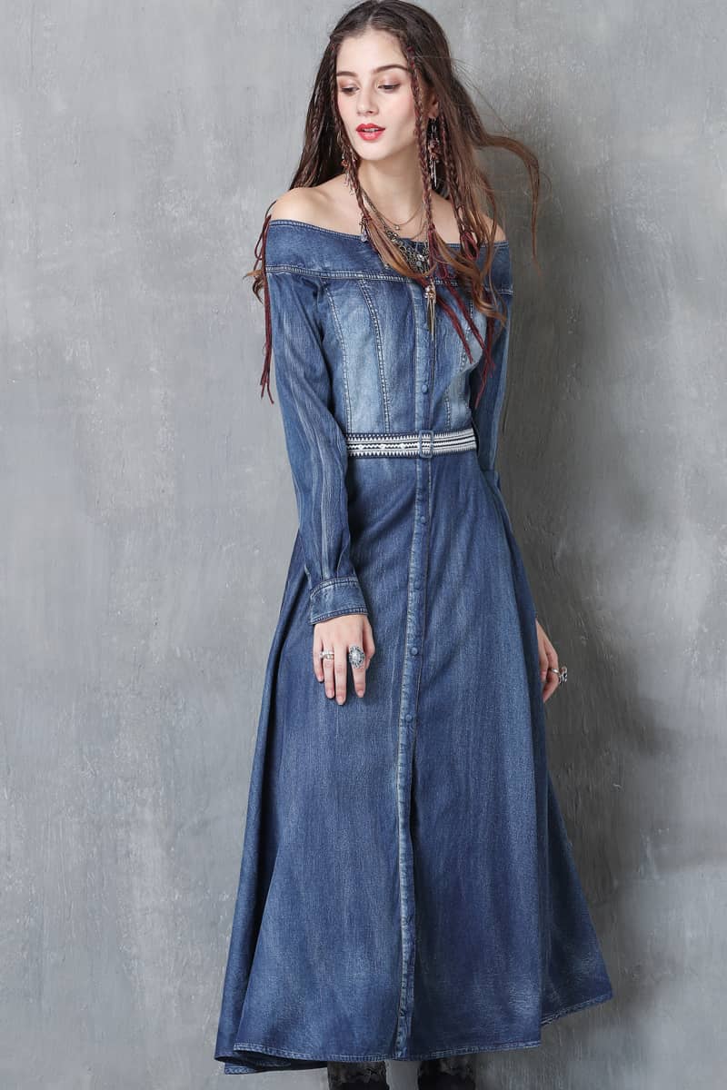 Washed denim dress with belt embroidered one-line collar M | IFAUN