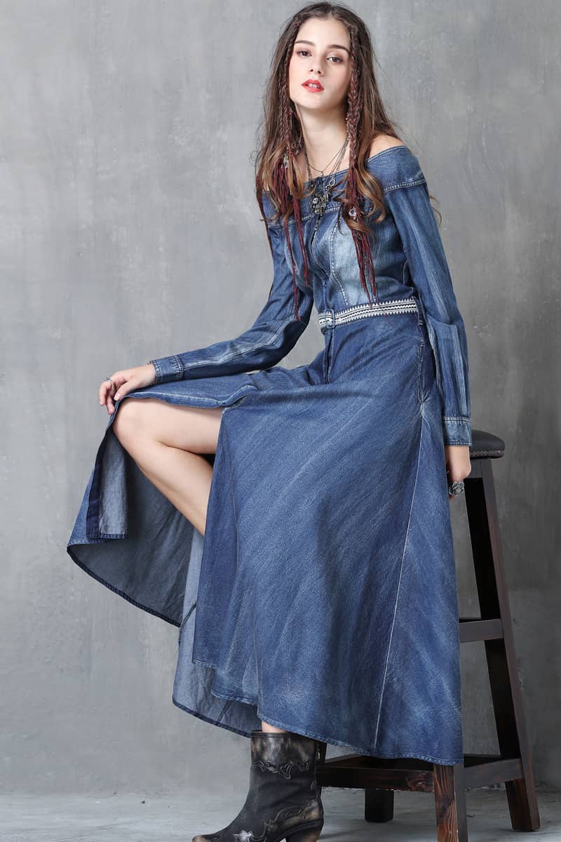 Washed denim dress with belt embroidered one-line collar L | IFAUN
